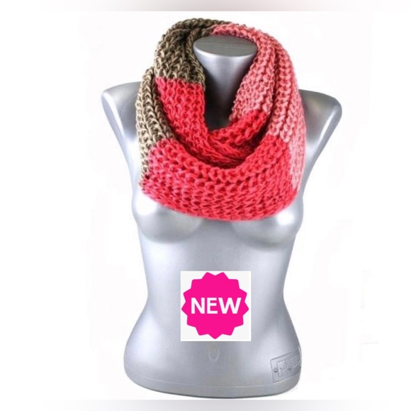 NEW Winter Knit Infinity Scarf Coral Pink Tan Striped Scarf - Picture 6 of 6